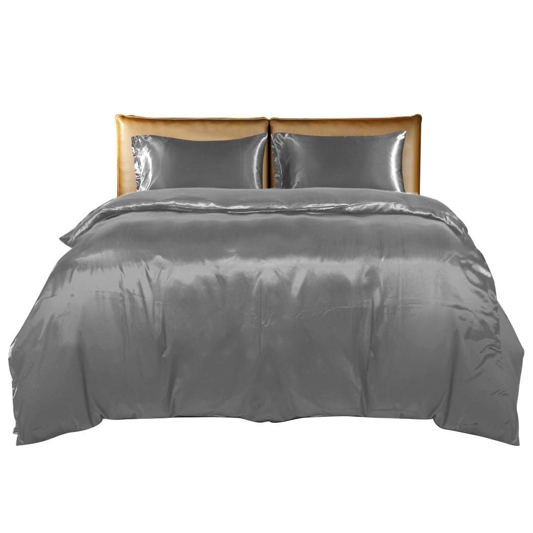 DreamZ Silky Satin Quilt Cover Set Bedspread Dark Grey Super King-1954802917231955969