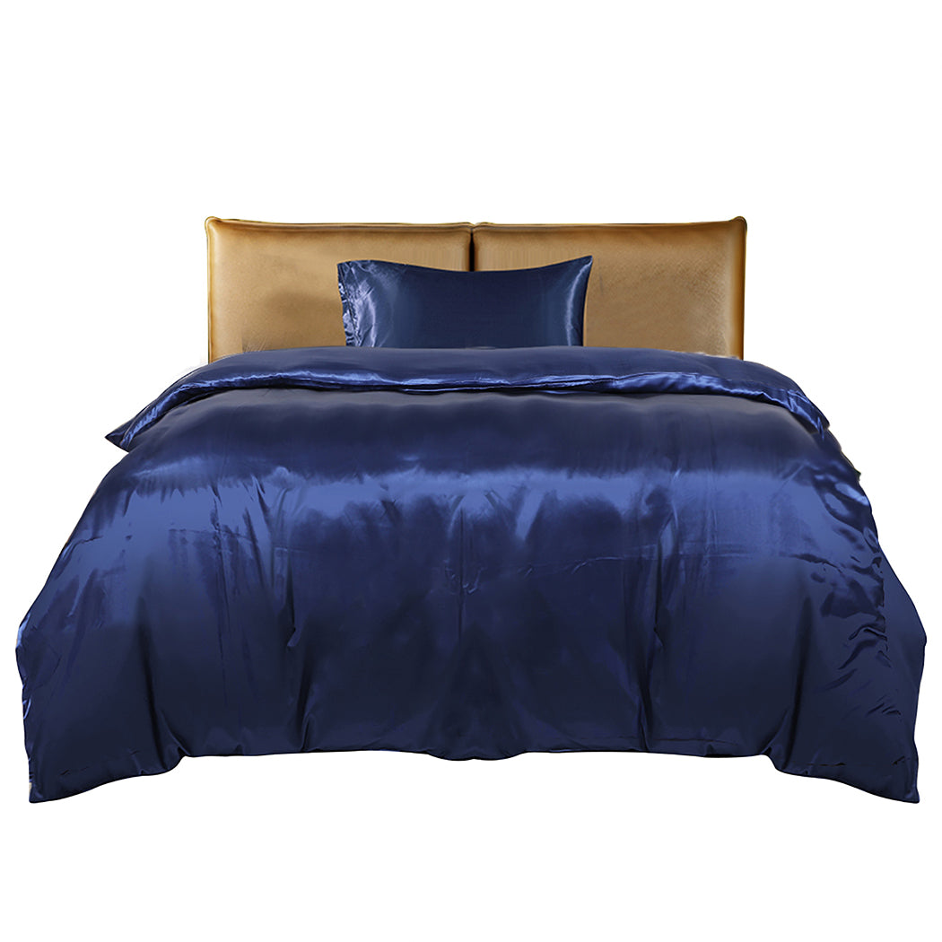 DreamZ Silky Satin Quilt Cover Set Bedspread Blue Single-1954802916497952769
