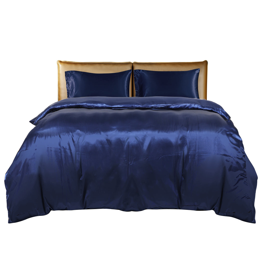 DreamZ Silky Satin Quilt Cover Set Bedspread Blue King-1954802915382267905
