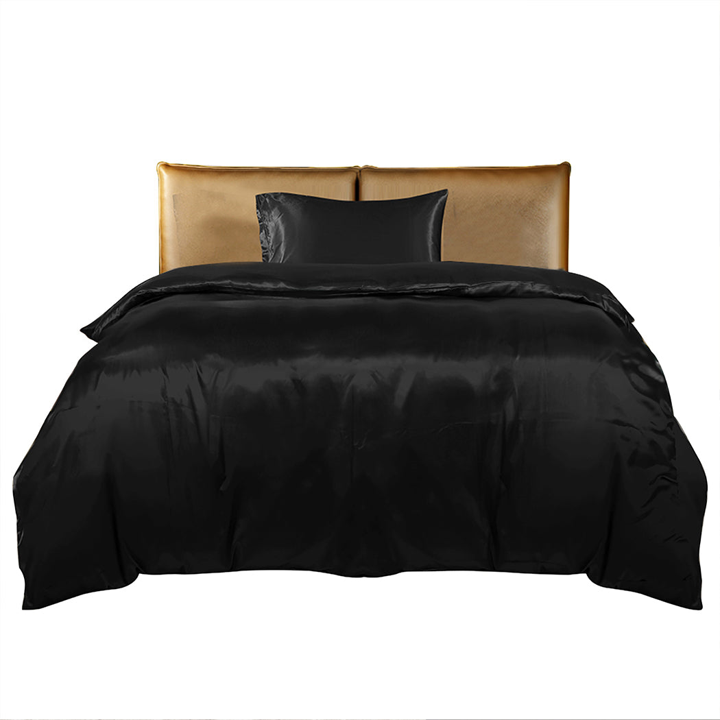 DreamZ Silky Satin Quilt Cover Set Bedspread Black King Single-1910113197789155329