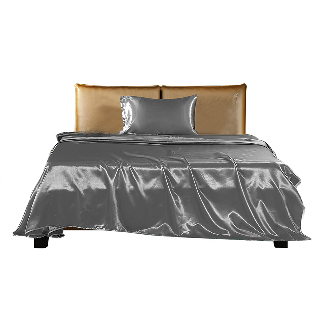 DreamZ Silky Satin Sheets Fitted Flat Single Grey Dark Grey-1954802915172552705