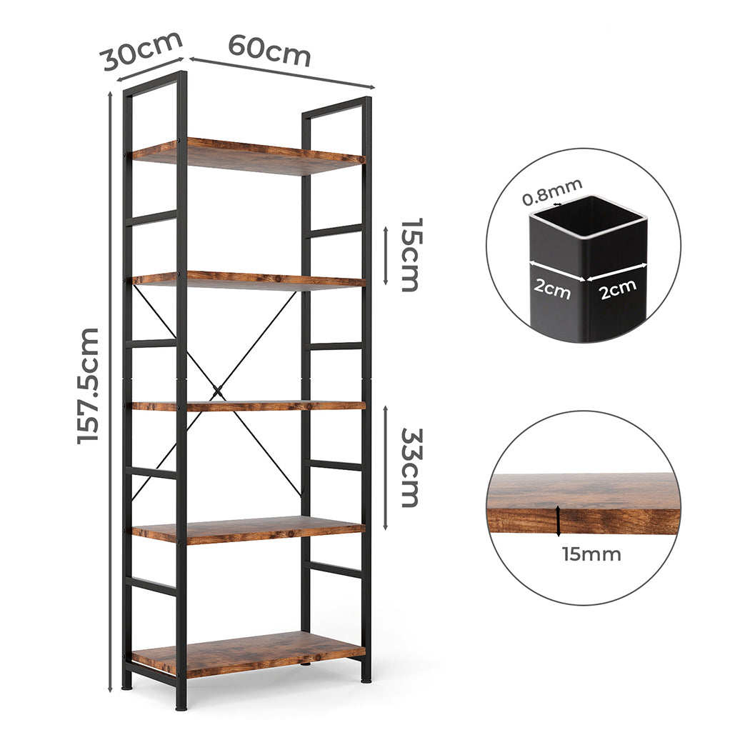 Levede 5-Tier Industrial Bookshelf Bookcase 157.5cm-1973194183569182721