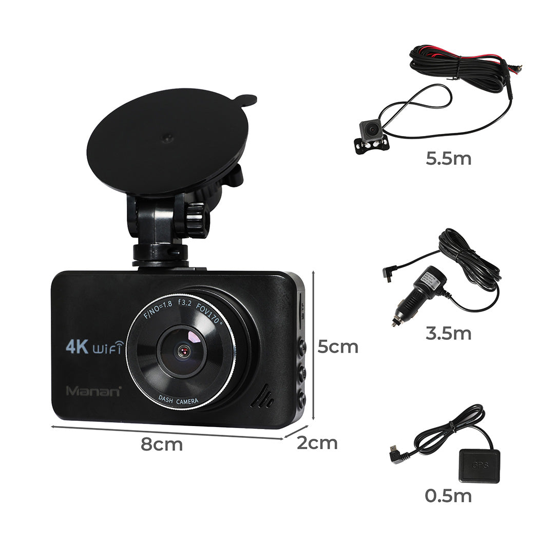 Manan 4K Car Dash Camera Front and Rear Dual Wifi GPS-1910112339714248706