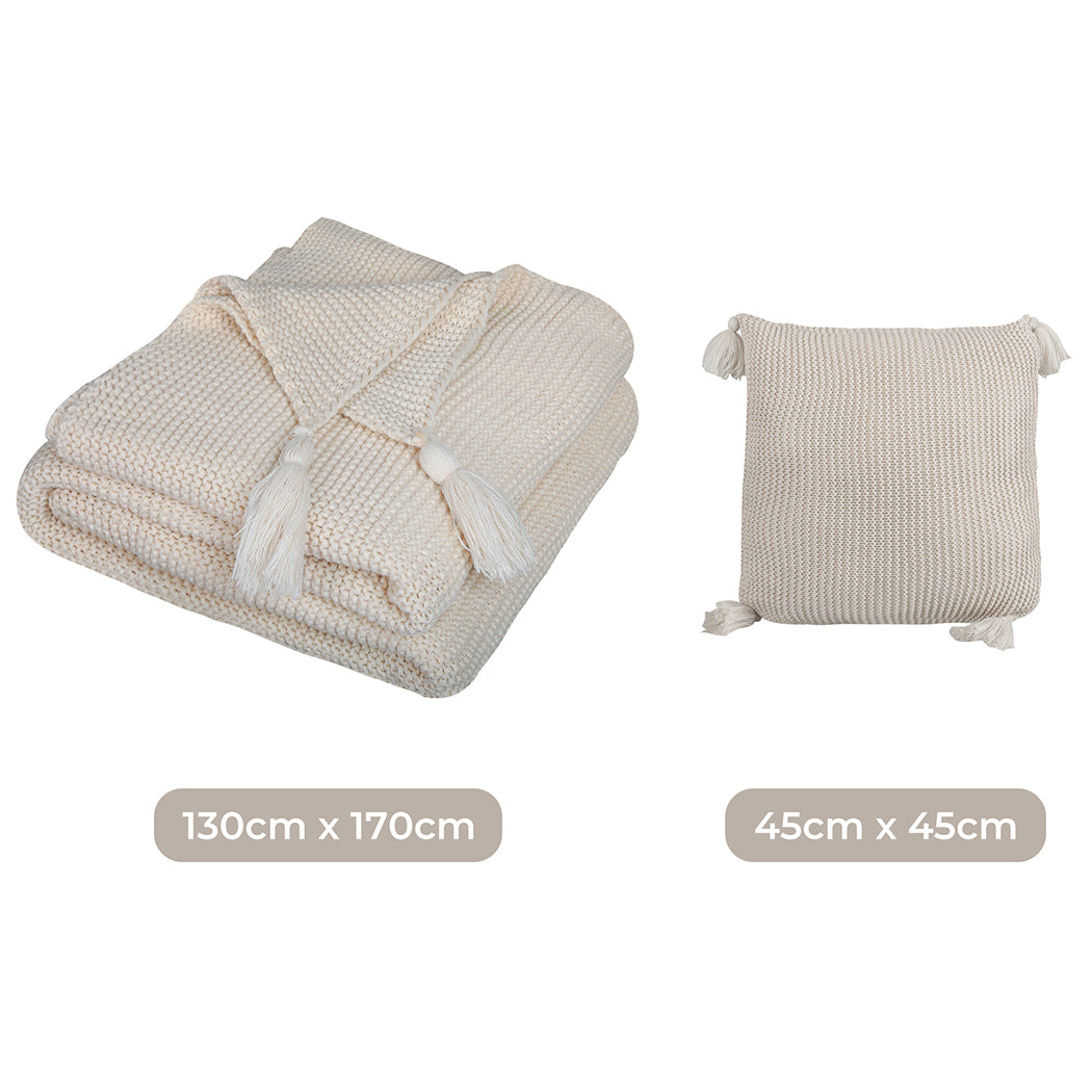 DreamZ Knitting Throw Blanket Cushion Beige-1954802941626028034
