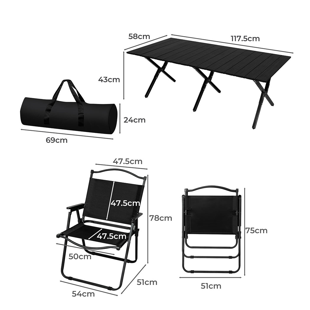 Levede Folding Camping Table Chair Set Black-1954802885598515202