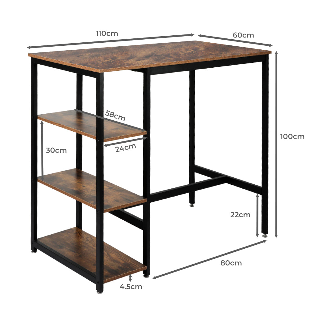 Levede High Bar Table Pub Industrial 3-Tier Storage Shelf Wooden Cafe 110CMX60CM