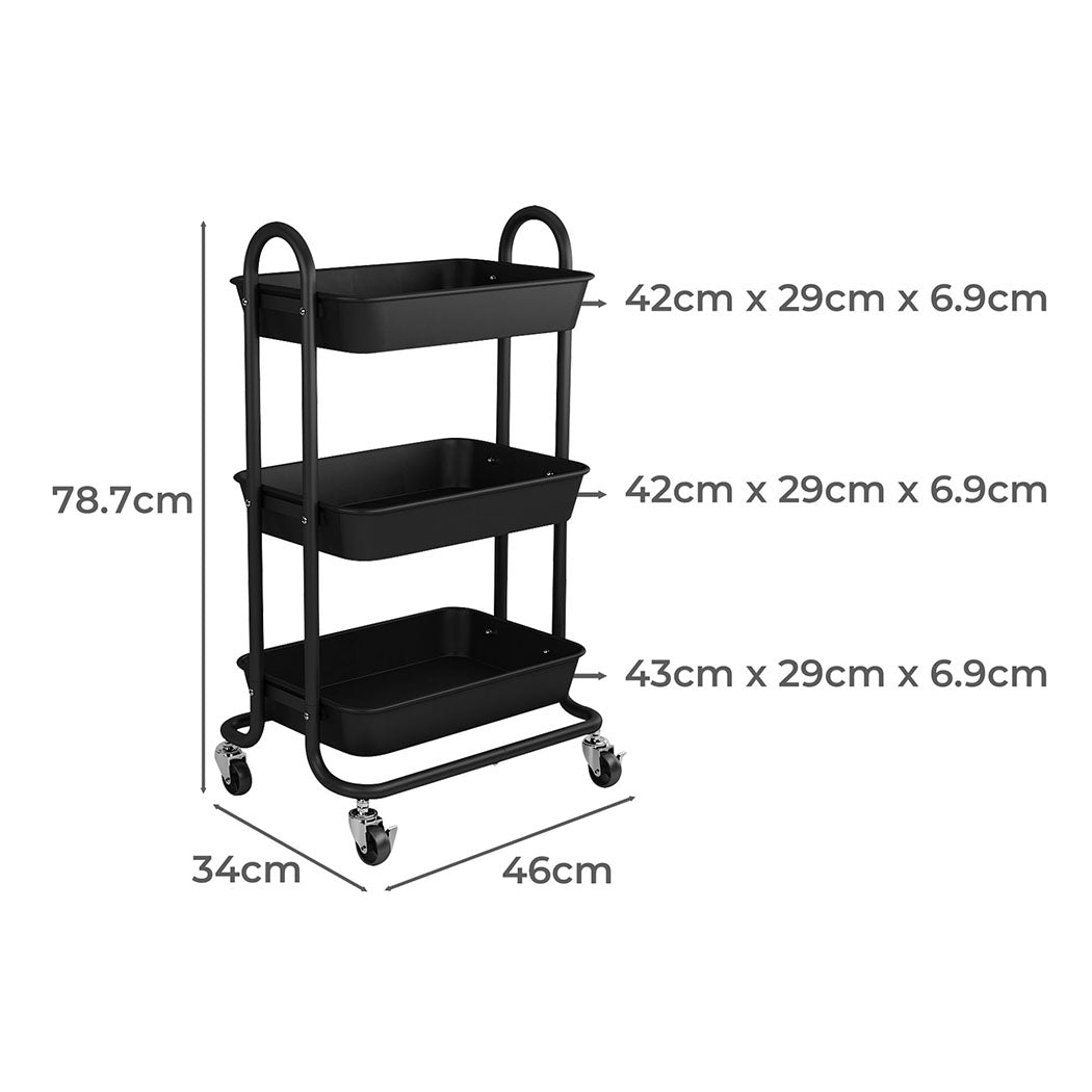 Levede 3 Tiers Kitchen Storage Trolley Black-1954802729629126658