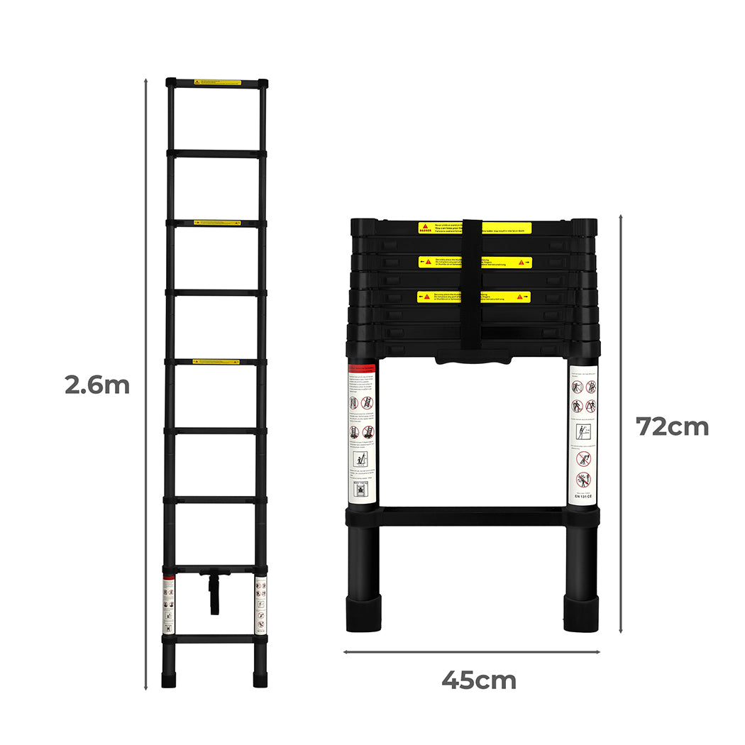 Traderight Multipurpose Aluminium Ladder Telescopic 2.6M Black 2.6 Meter-1910113100661657601