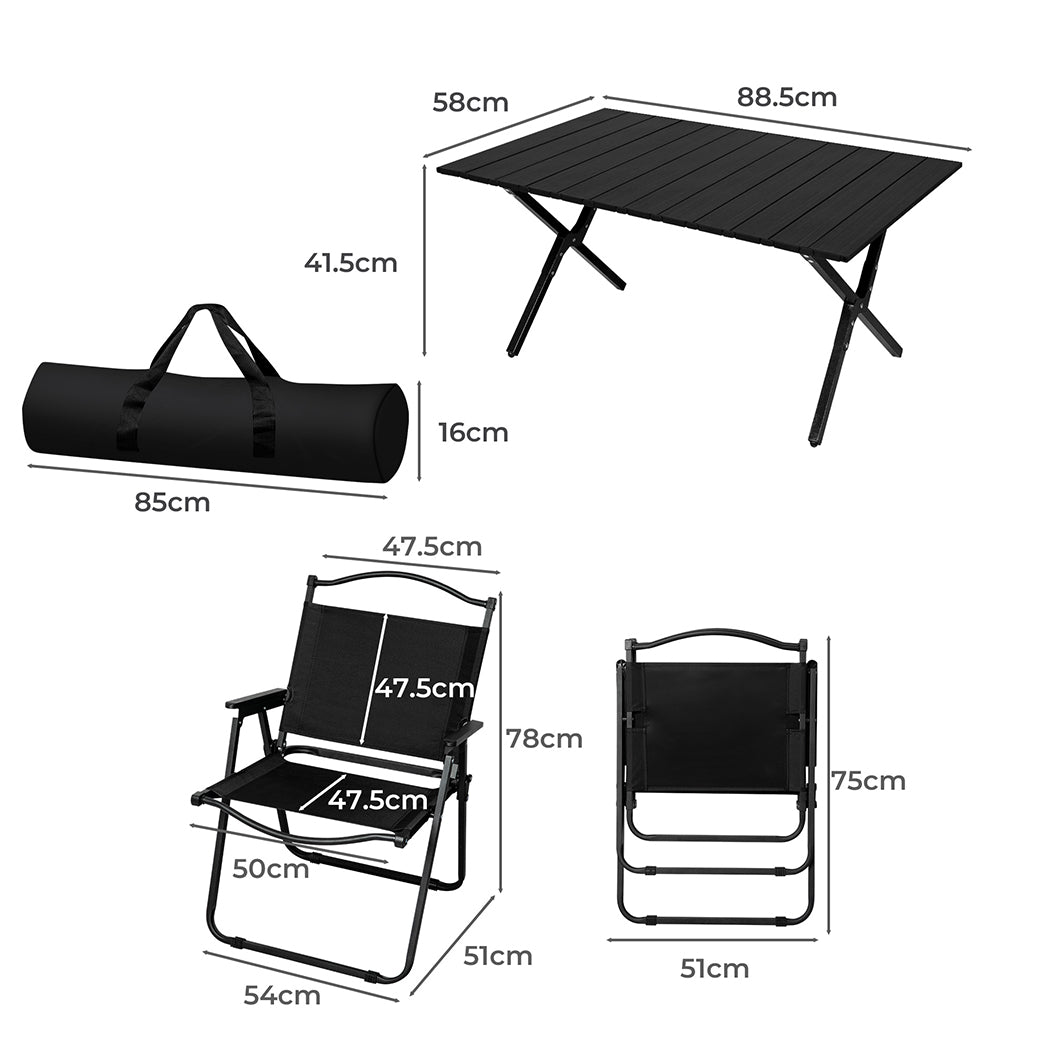 Levede Folding Camping Table Chair Set Black-1954802885980196866