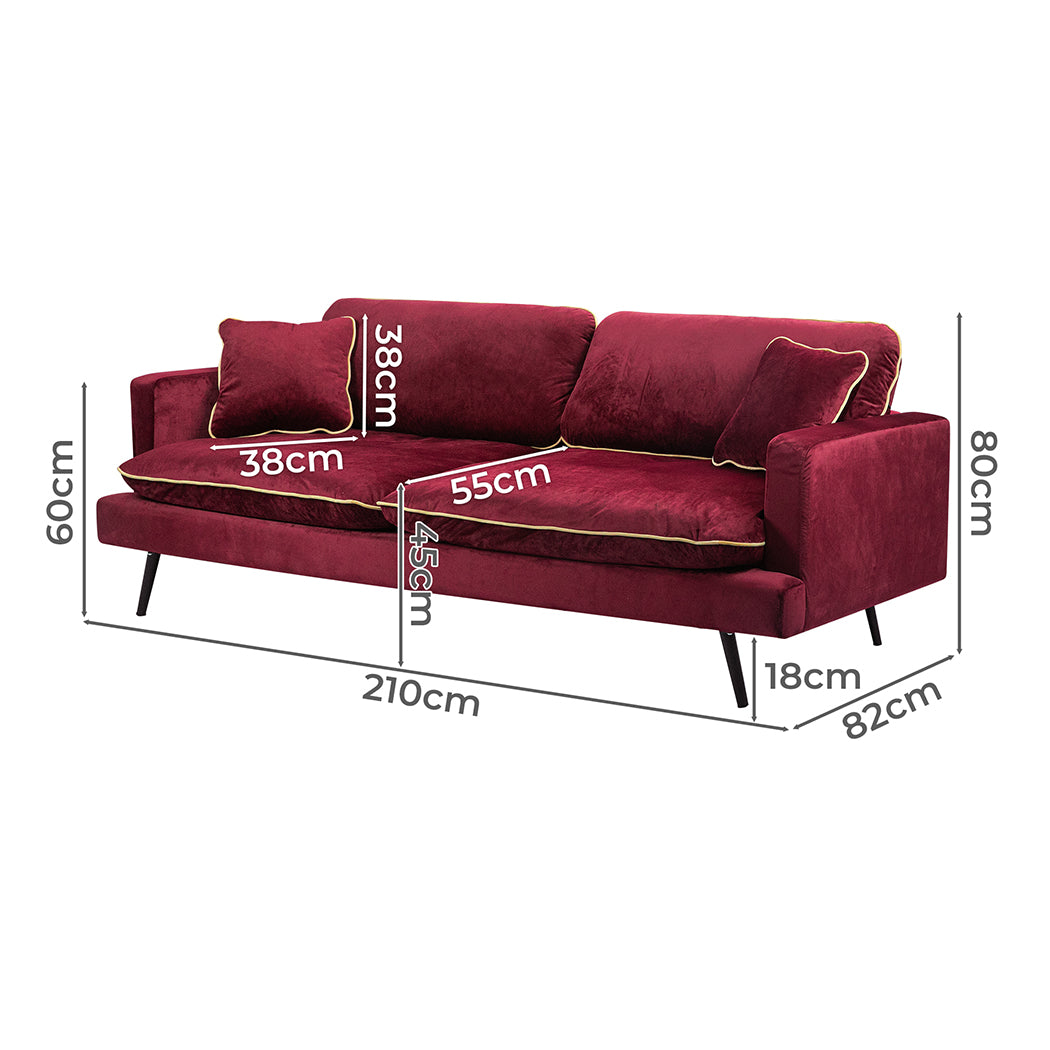 Levede Velvet Sofa Armchair 3 Seater Couch Red 210cm Wide-1919892835323219970