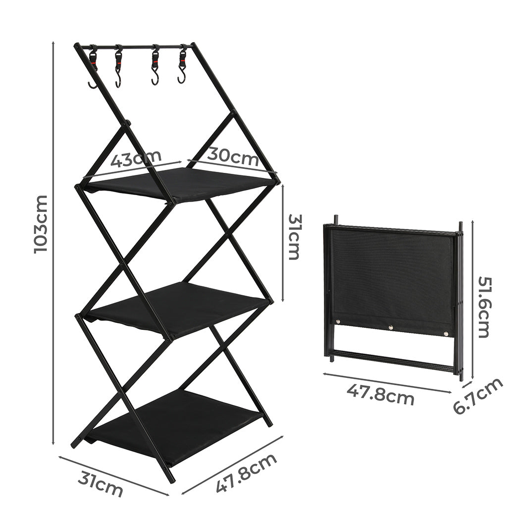Levede Foldable Camping Storage Shelves 3 Layer with Hooks Black-1954802656971198466