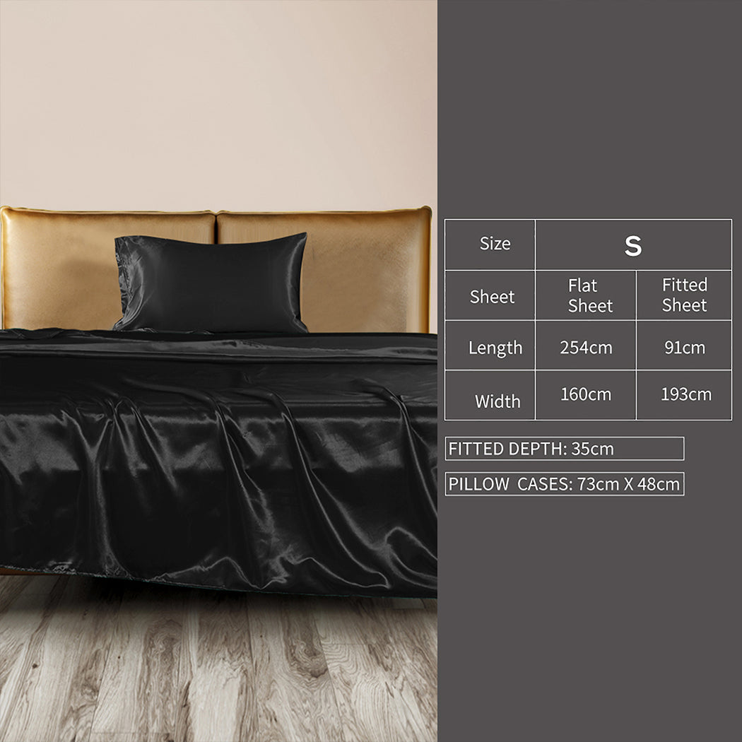 DreamZ Silky Satin Sheets Fitted Flat Single Black-1954802914715373570