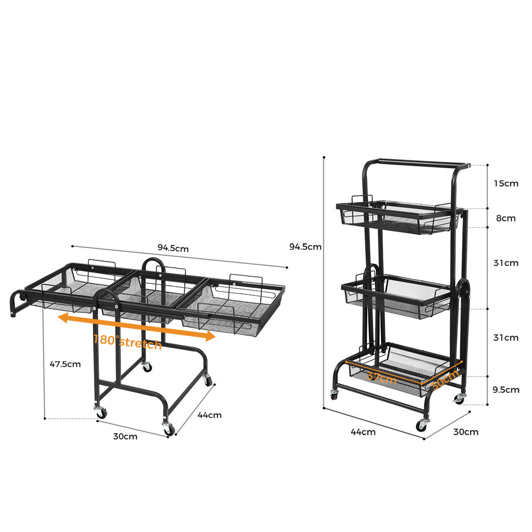 Levede 3 Tier Kitchen Trolley Cart Swivel Black Colour-1954802798449266690