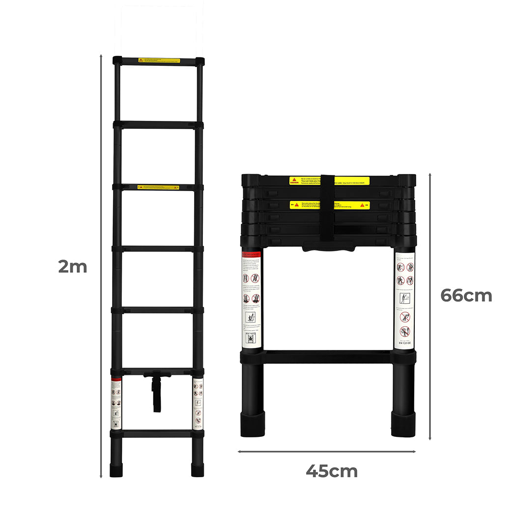 Traderight Multipurpose Aluminium Ladder Telescopic 2M Black 2 Meter-1910113100984619009