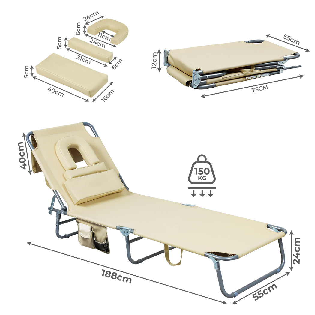 Levede Foldable Beach Lounge Chairs with Face Hole Khaki-1954802423549792258