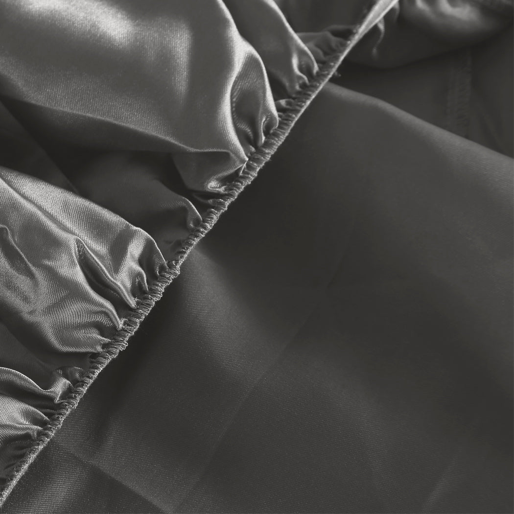DreamZ Silky Satin Sheets Fitted Flat Single Grey Dark Grey-1954802915172552707