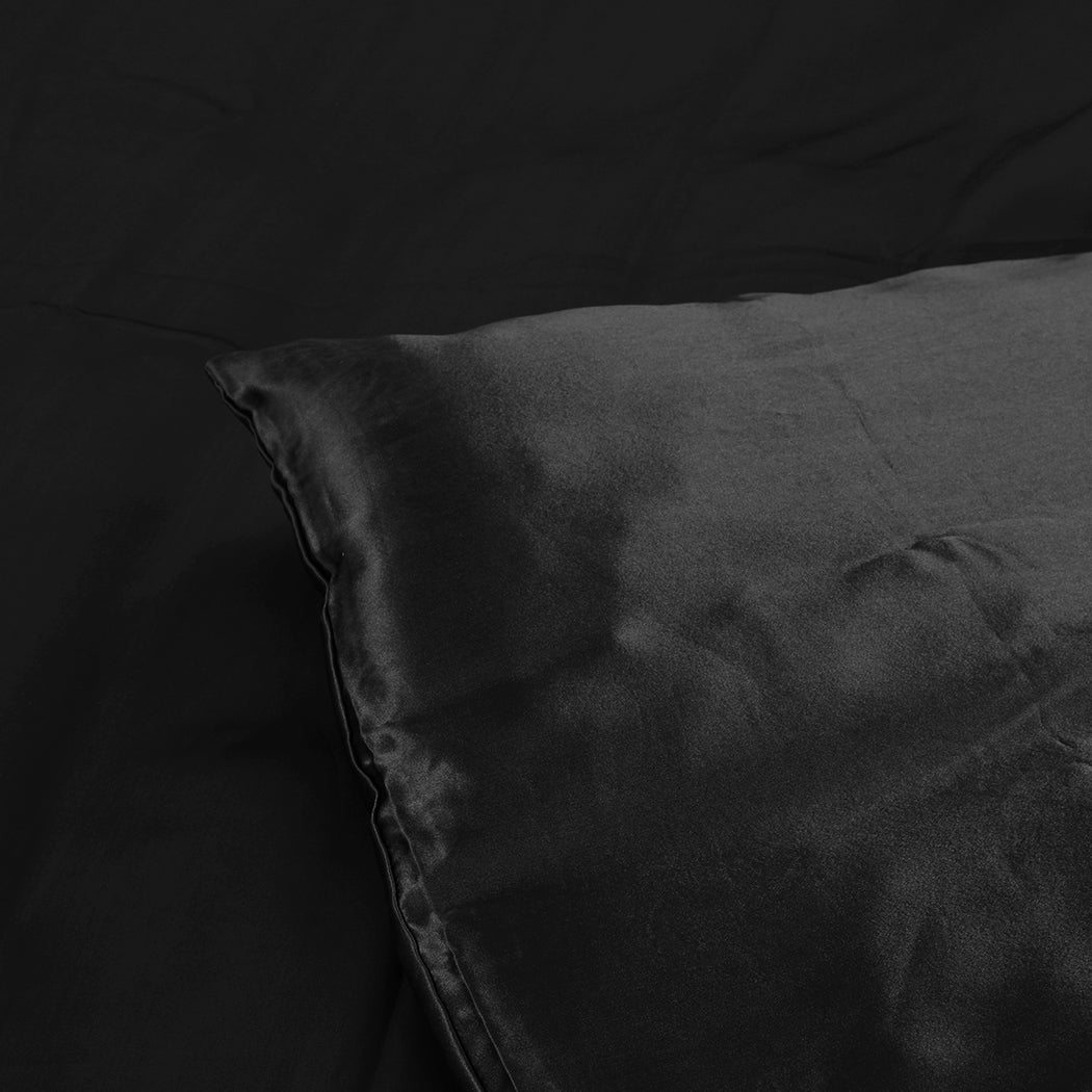 DreamZ Silky Satin Quilt Cover Set Bedspread Black Super King-1910113199211024387