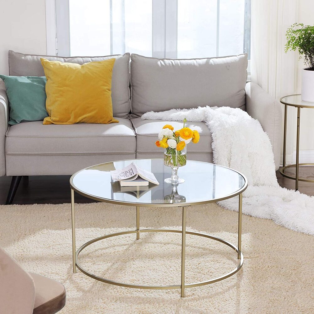 VASAGLE Round Glass Top Coffee Table with Metal Frame