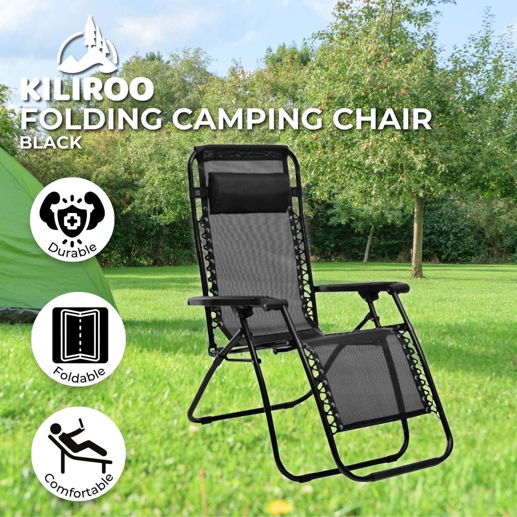 KILIROO Reclining Sun Beach Deck Lounge Chair Outdoor Folding Camp Rest Black