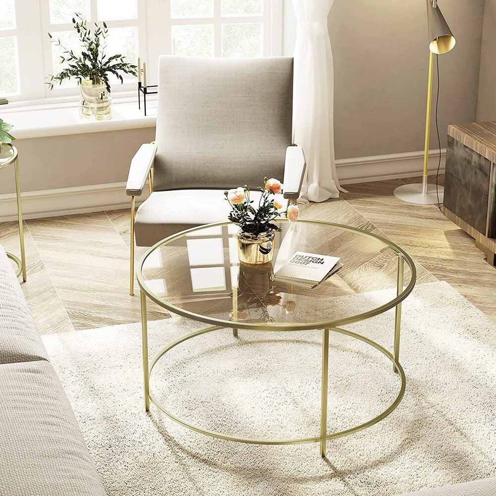 VASAGLE Round Glass Top Coffee Table with Metal Frame