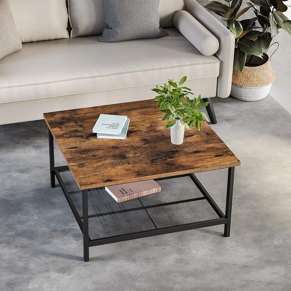 VASAGLE Coffee Table Square Cocktail with Dense Mesh Shelf Rustic Brown