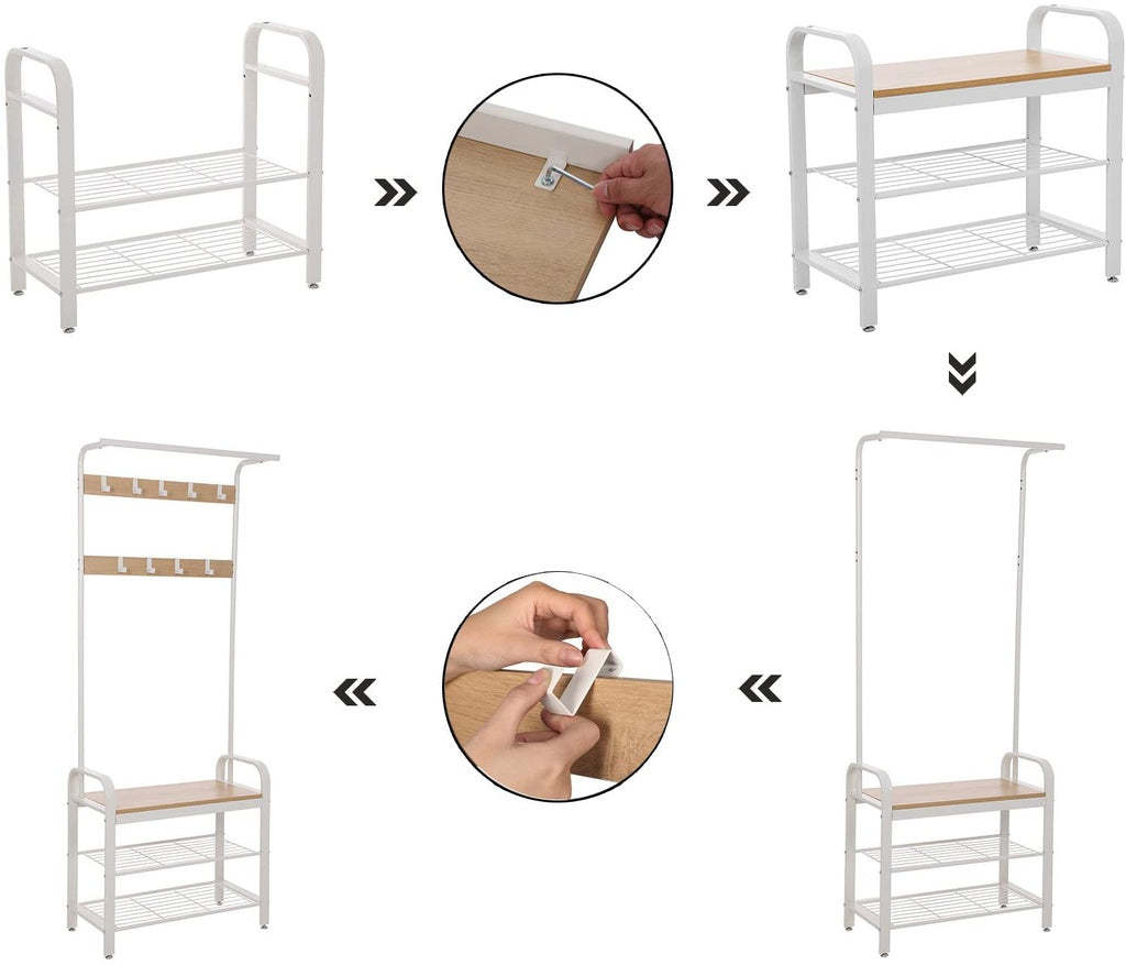 VASAGLE 175cm Coat Rack Stand Shoe Bench with Shelves White