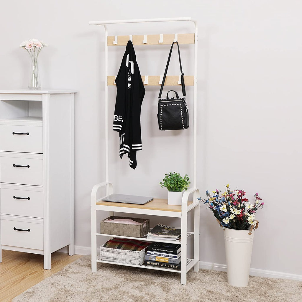 VASAGLE 175cm Coat Rack Stand Shoe Bench with Shelves White