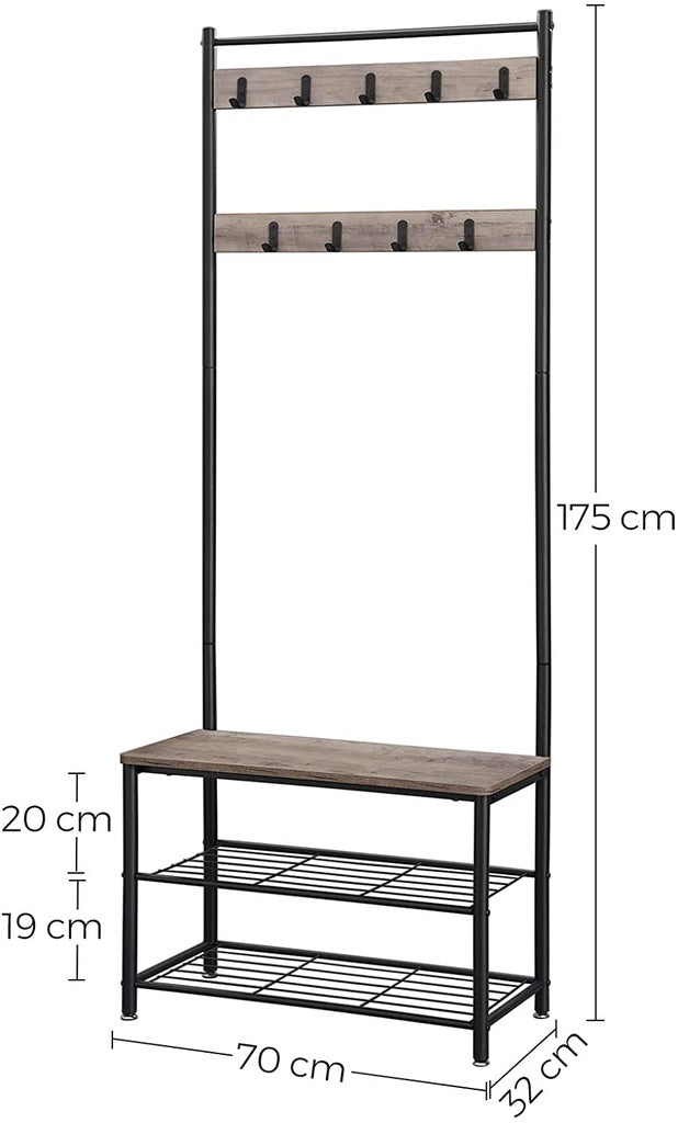 VASAGLE 175cm Coat Rack Stand Shoe Bench with Shelves Greige