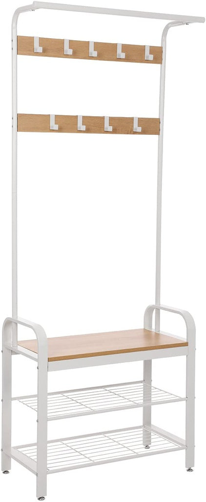 VASAGLE 175cm Coat Rack Stand Shoe Bench with Shelves White