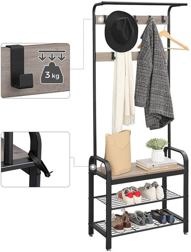 VASAGLE Entryway Hall Tree Coat Rack 183cm Shoe Bench with Shelves Greige and Black
