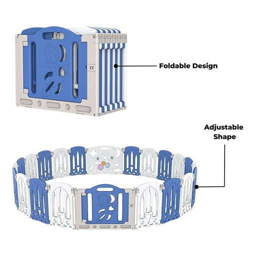 GOMINIMO Foldable Baby Playpen with 16 Panels (White Blue)