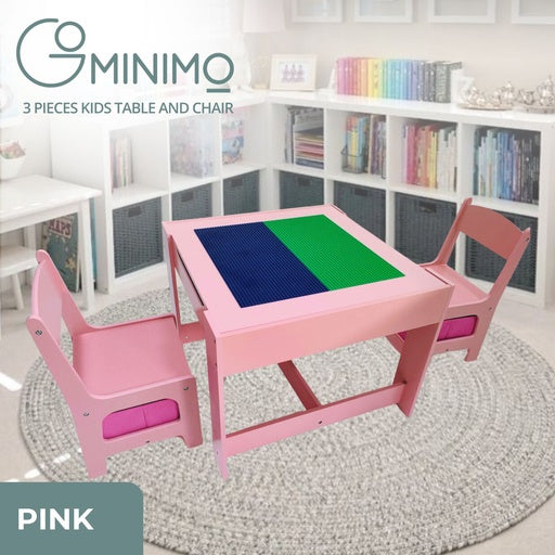 EKKIO 3PCS Kids Table with Lego Baseplate and Chairs Set with Black Chalkboard (Pink)