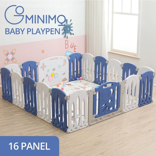 GOMINIMO Foldable Baby Playpen with 16 Panels (White Blue)
