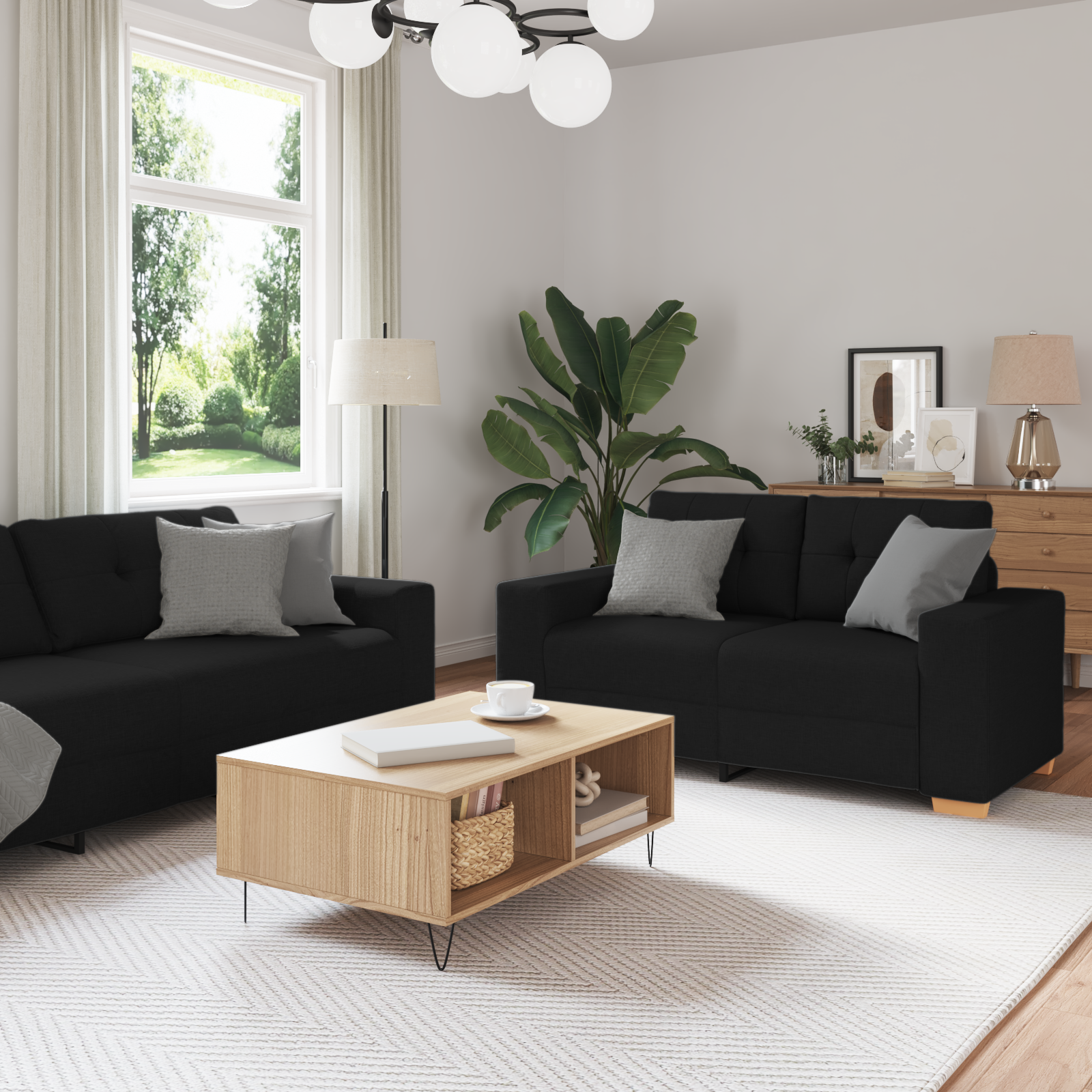 Sofa Set with Cushion with Pillow Black Fabric