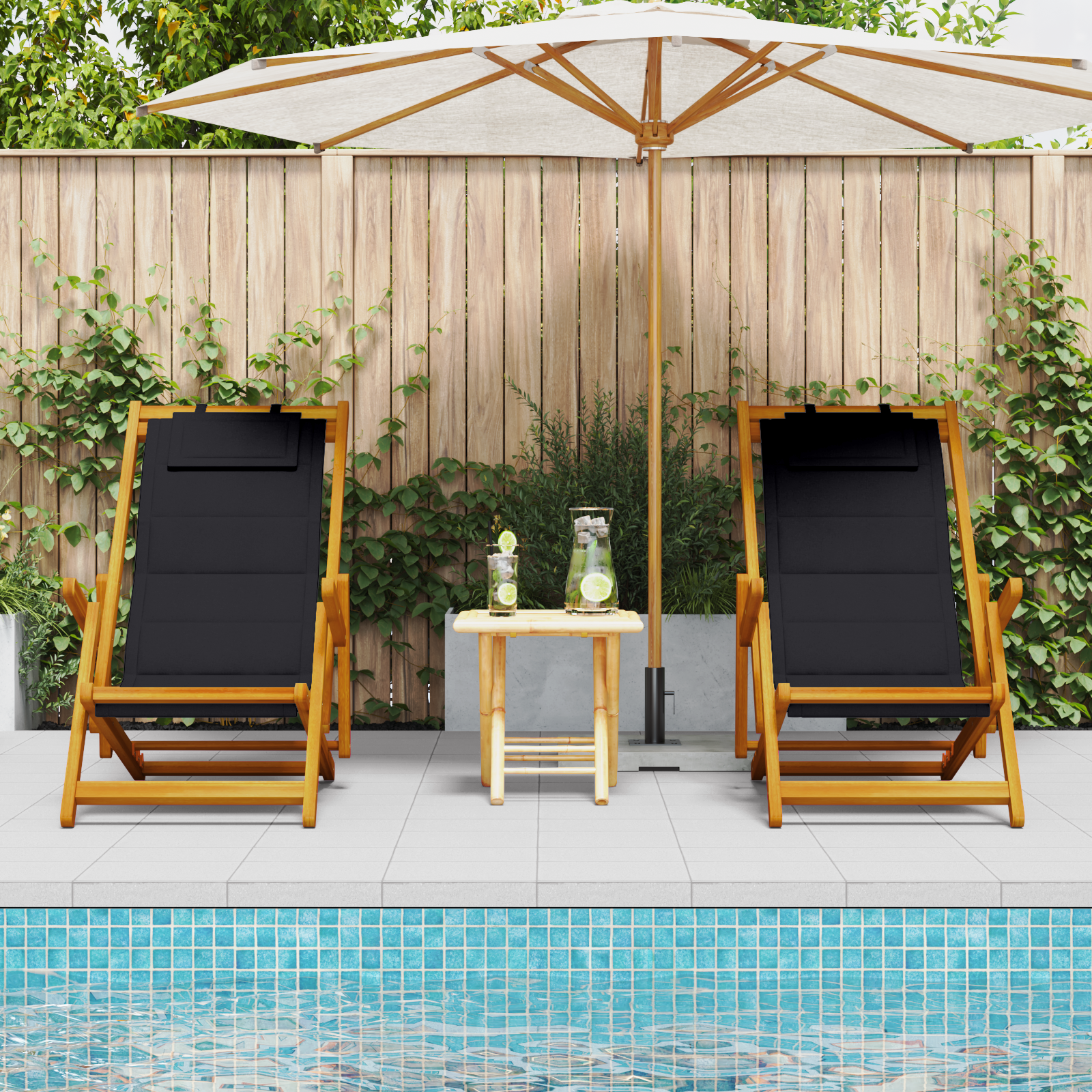 Folding Beach Chairs 2 Pack Black Solid Acacia Wood & Textilene