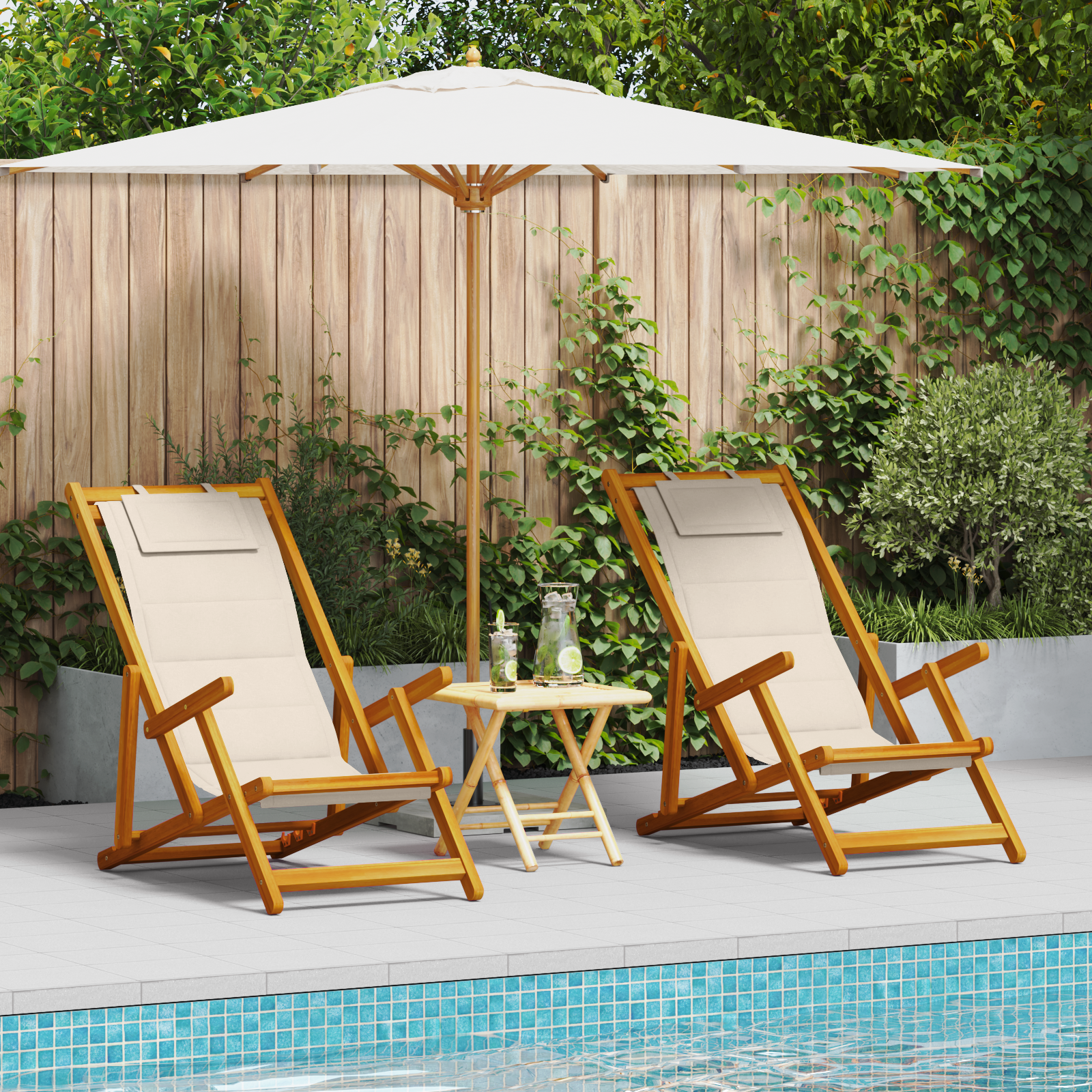 Folding Beach Chairs 2 Pack - Cream Acacia Wood & Textilene