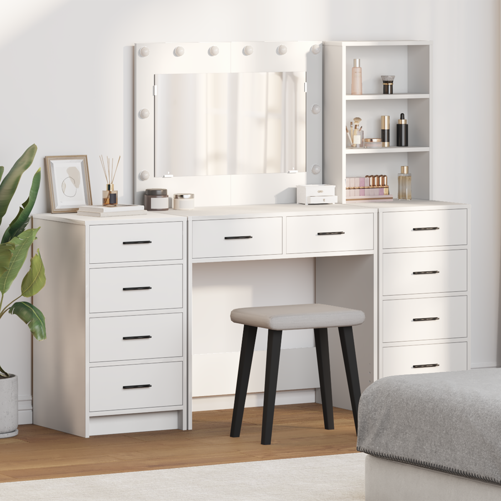 Dressing Table with Mirror Lights 3 pcs White Engineered Wood