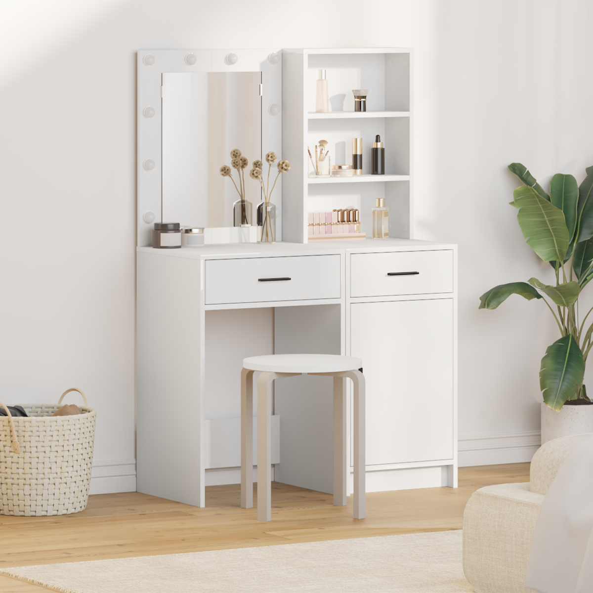 Dressing Table Set with LED 2 pcs White Engineered Wood