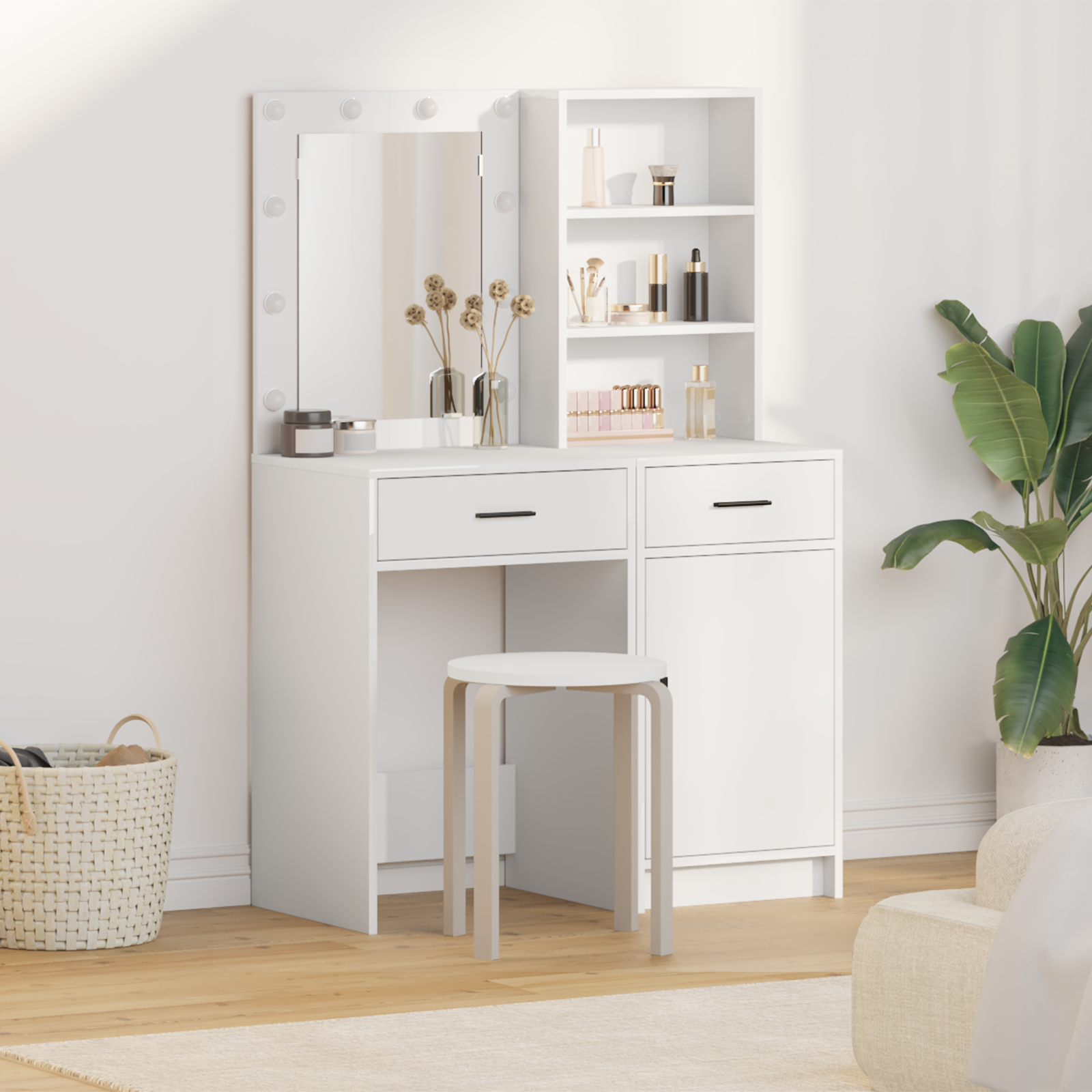 Dressing Table Set with LED 2 pcs White Engineered Wood
