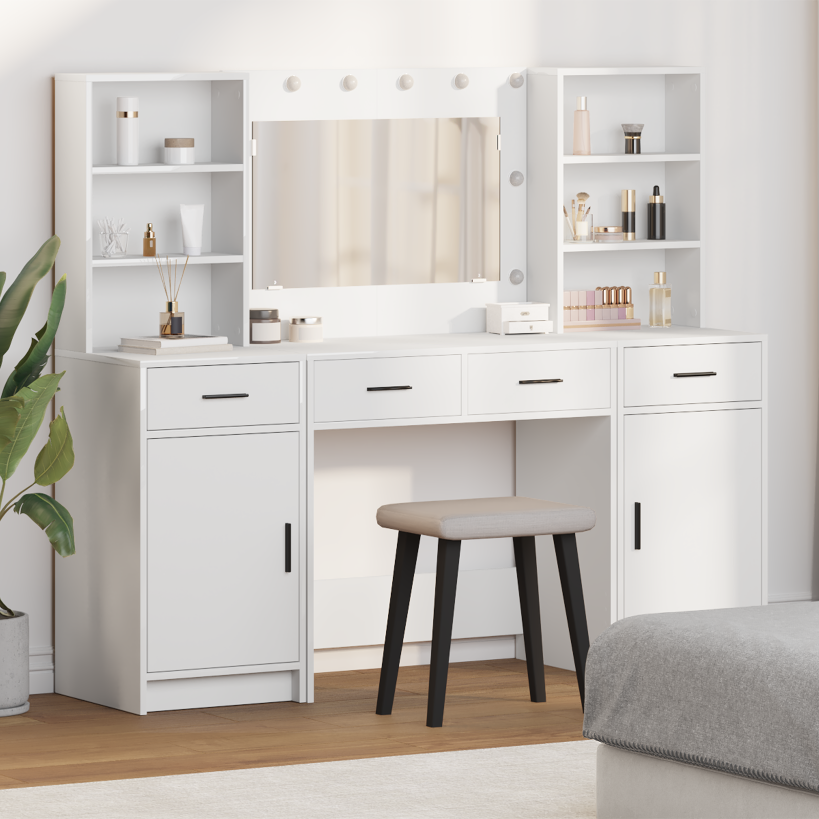 Dressing Table Set with LED 3 pcs White Engineered Wood