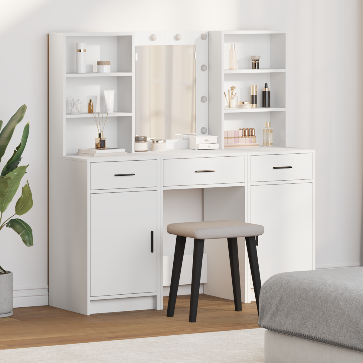 Dressing Table Set with LED 3 pcs White Engineered Wood