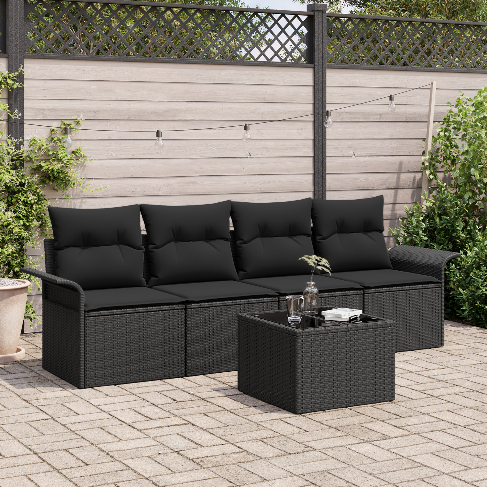 5 Piece Garden Sofa Set with Cushions Black Poly Rattan