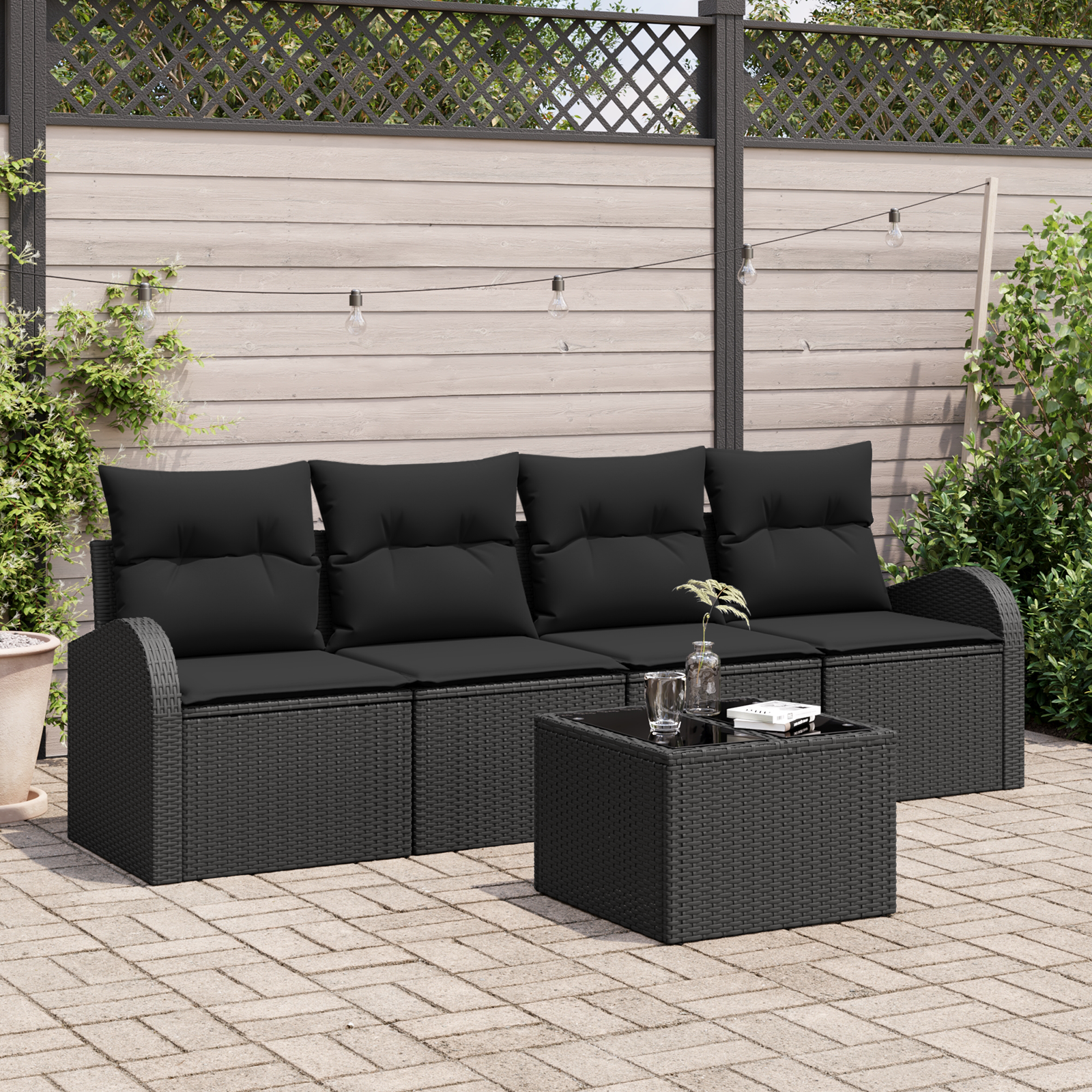 5 Piece Garden Sofa Set with Cushions Black Poly Rattan