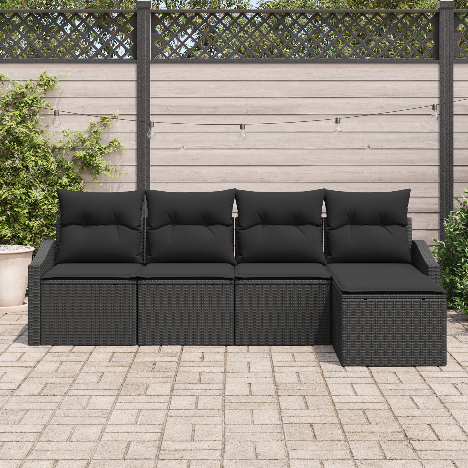 5 Piece Garden Sofa Set with Cushions Black Poly Rattan