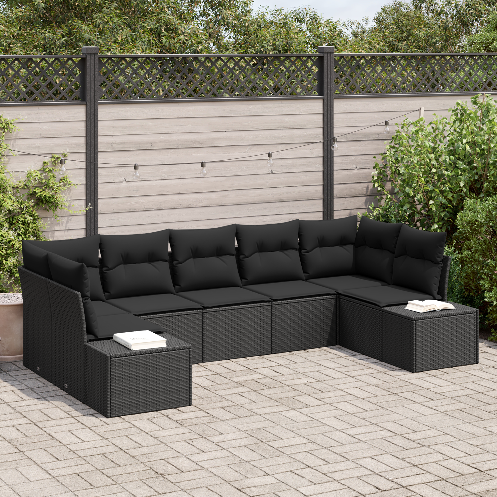 7 Piece Garden Sofa Set with Cushions Black Poly Rattan
