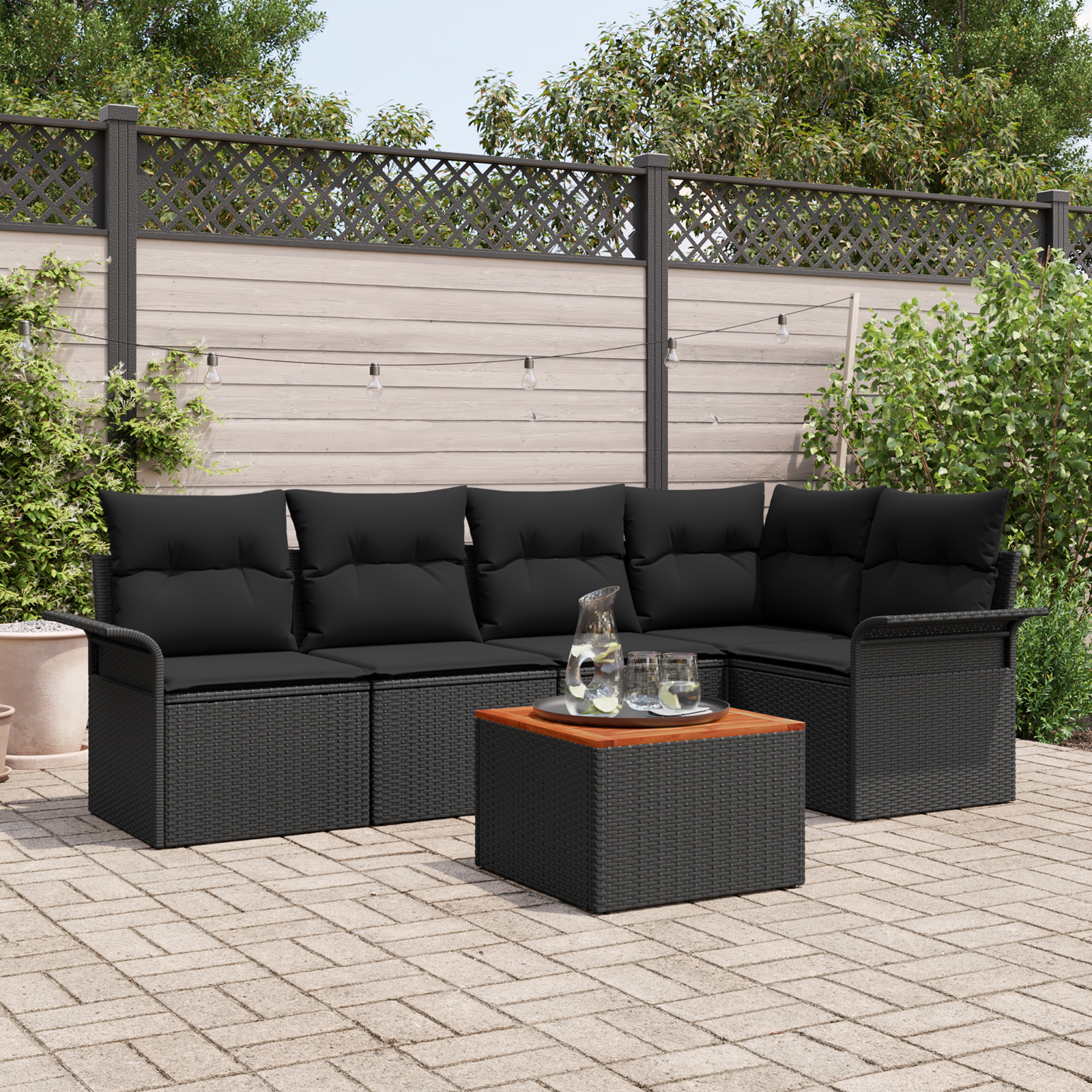 6 Piece Garden Sofa Set with Cushions Black Poly Rattan Acacia