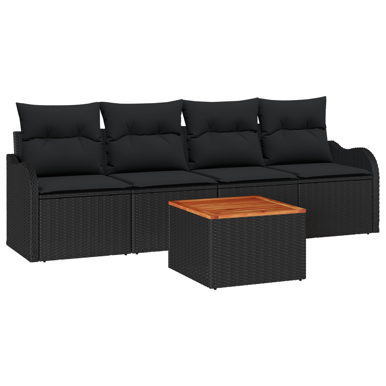 5 Piece Garden Sofa Set with Cushions Black Poly Rattan Acacia