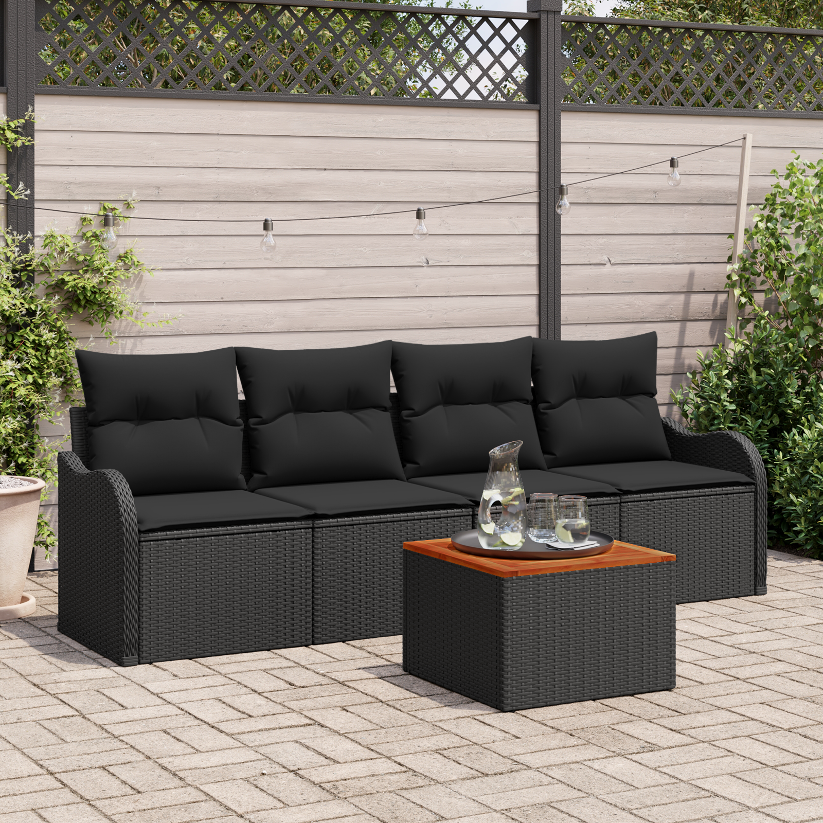 5 Piece Garden Sofa Set with Cushions Black Poly Rattan Acacia