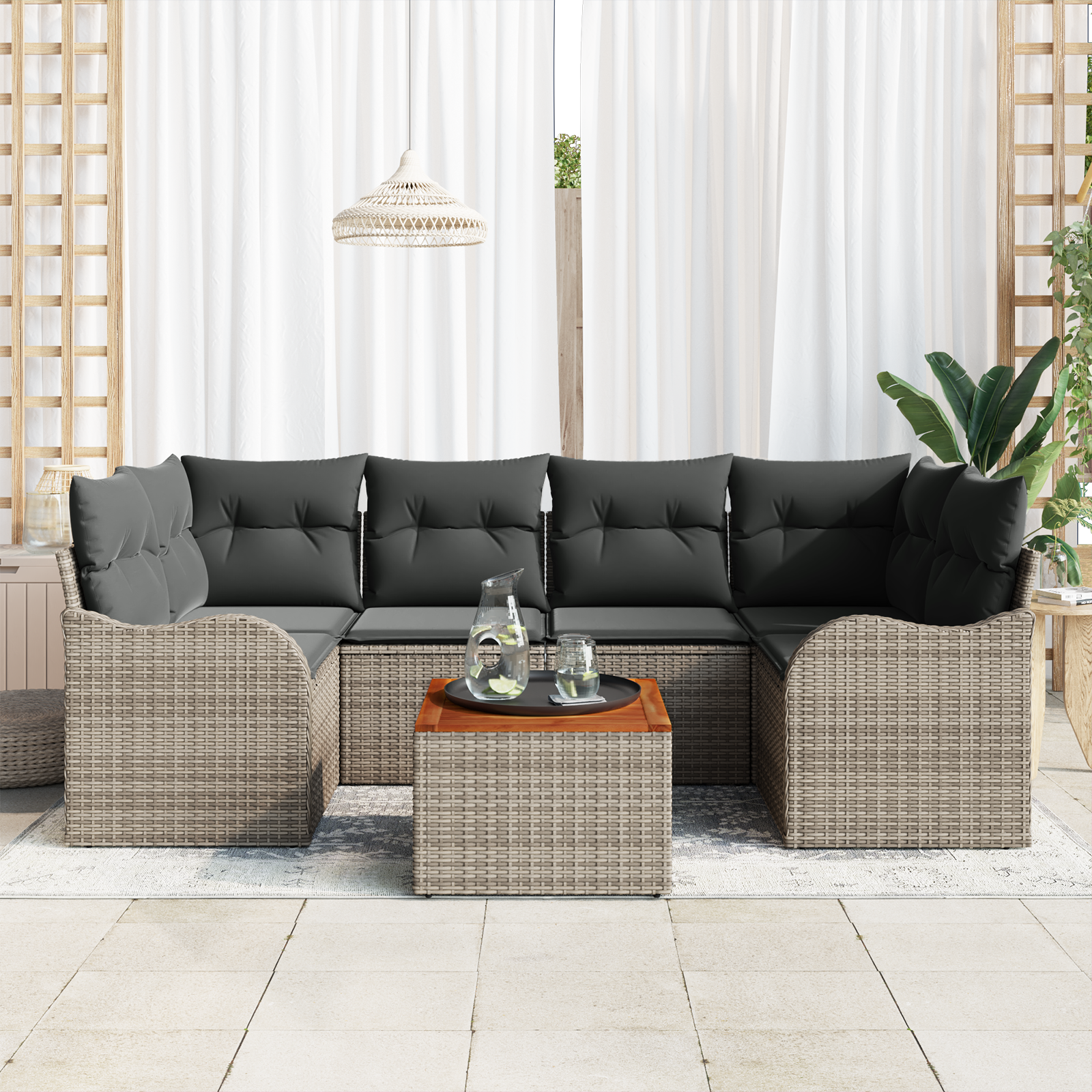 7 Piece Garden Sofa Set with Cushions Grey Poly Rattan Acacia