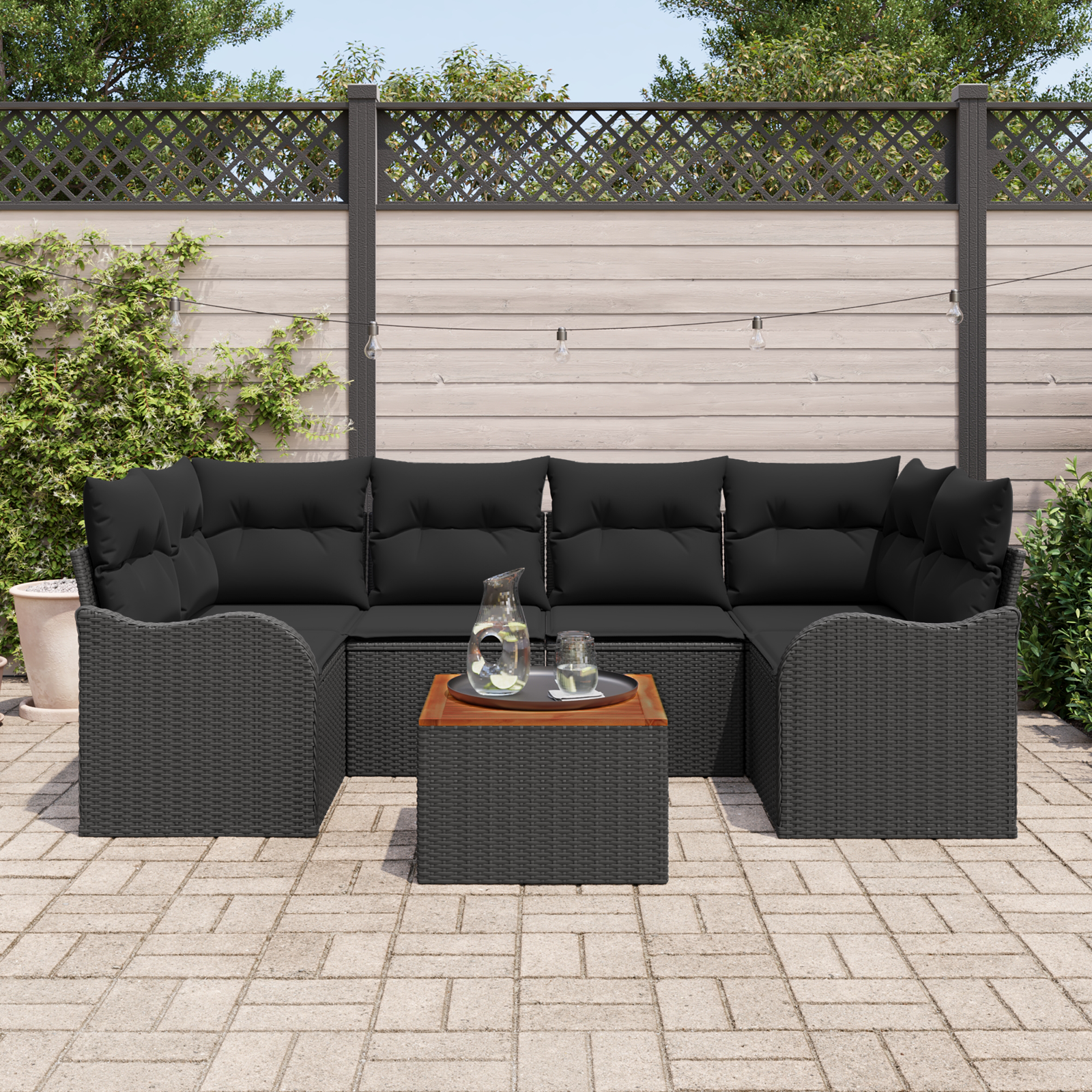 7 Piece Garden Sofa Set with Cushions Black Poly Rattan Acacia